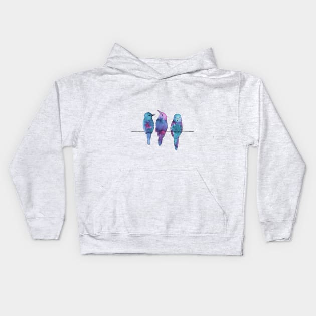 Three birds on a wire Kids Hoodie by Bwiselizzy